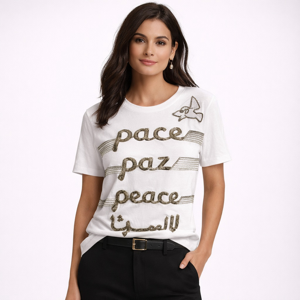 Valentino Peace Dove Beaded Graphic Tee Made In Italy Designer Luxury UNI S/M